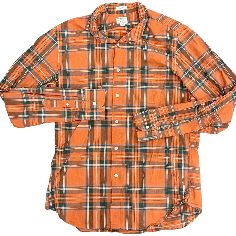 J.Crew Men's Shirt in Organic Cotton Stretch Orange Plaid Classic Fit M